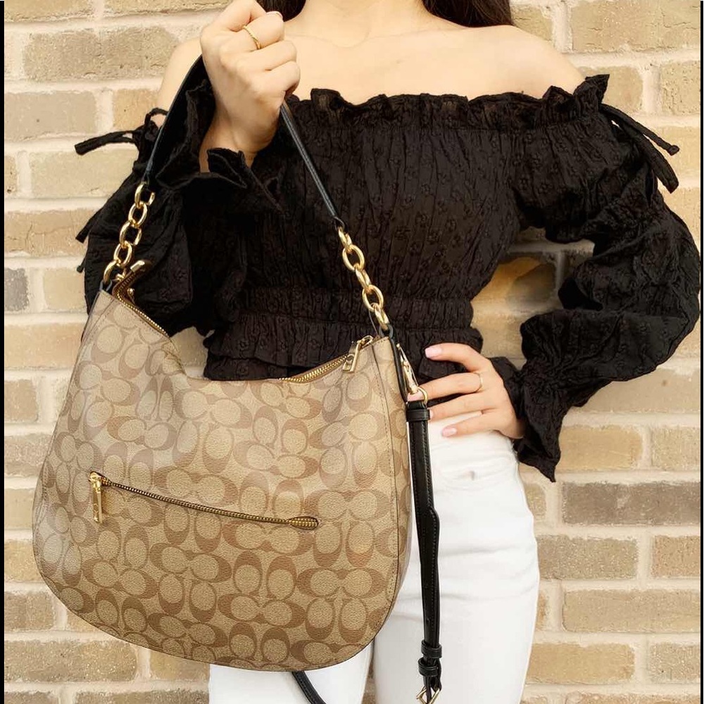 Coach  Hobo Top Zop Shoulder Bag Khaki Signature - Picture 2 of 6